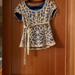 Betsey Johnson crochet overlay blue top